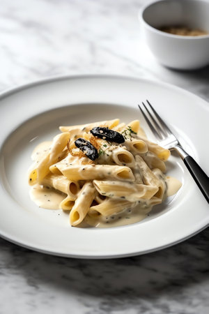 Generative AI : Cooked macroni pasta mixed with a silky smooth decadent white sauce made of milk butter and flourの素材