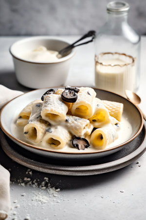 Generative AI : Cooked macroni pasta mixed with a silky smooth decadent white sauce made of milk butter and flourの素材