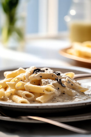 Generative AI : Cooked macroni pasta mixed with a silky smooth decadent white sauce made of milk butter and flourの素材