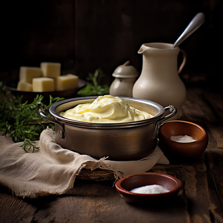 Generative AI : Cottage cheese in a bowl herb quark fresh garden herbs and spices delicious dip breakfast healthy snack rolls in the background spring wild garlic leeks herb gardenの素材