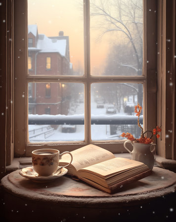 Generative AI : Cozy winter still life mug of hot tea and opened book with warm plaid on modern windowsill against snow landscape from outside Selective focusの素材