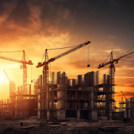 Generative AI : Crane and building construction site at sunsetの素材