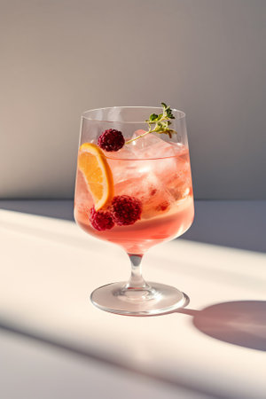 Generative AI : Cranberry gin boozy cocktail with grapefruit and thyme served on winter holidays decorated table front viewの素材