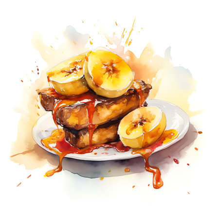 Generative AI : Creative layout made of banana with watercolor spots on the white background Flat lay Food conceptの素材