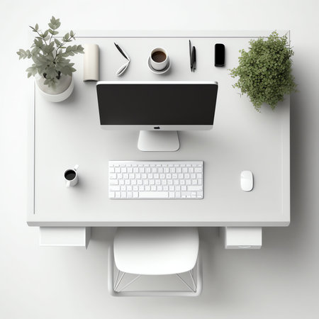 Generative AI : Cropped shot of portable office desk with mockup computer devices supplies and decorations on white tableの素材