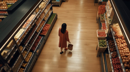 Generative AI : Customer pushes cart with food through a corridor in the supermarketの素材