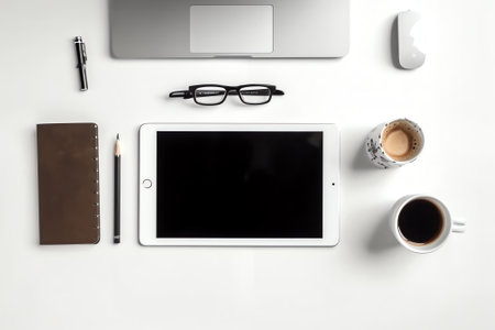 Generative AI : Cropped shot of portable office desk with mockup computer devices supplies and decorations on white tableの素材