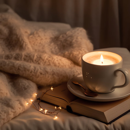 Generative AI : Cup of tea with paper open book and burning scented candles on marble table over cozy chair and glowing lights in bedroom closeup Winter holiday seasonの素材