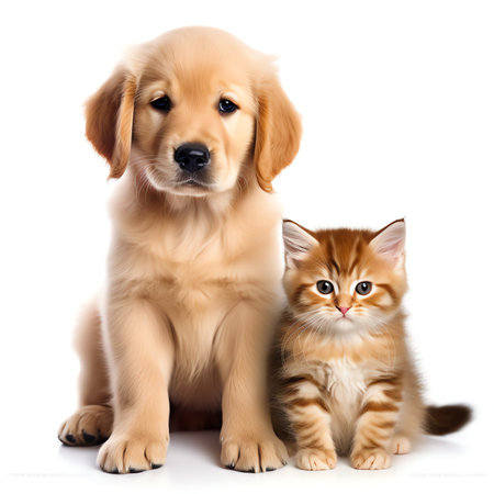 Generative AI : Curious English cocker spaniel puppy dog hugs kitten Pets look away and up together on empty space isolated on white backgroundの素材