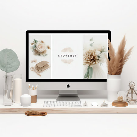 Generative AI : Cropped shot of portable office desk with mockup computer devices supplies and decorations on white tableの素材