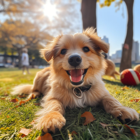 Generative AI : Cute dog playing with toy bone at sunny summer dayの素材