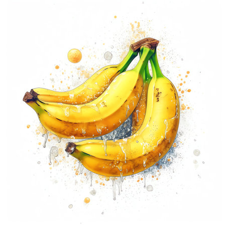 Generative AI : Creative layout made of banana with watercolor spots on the white background Flat lay Food conceptの素材