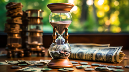 Generative AI : Deadline and time is money concept with hourglass and British coin currencyの素材