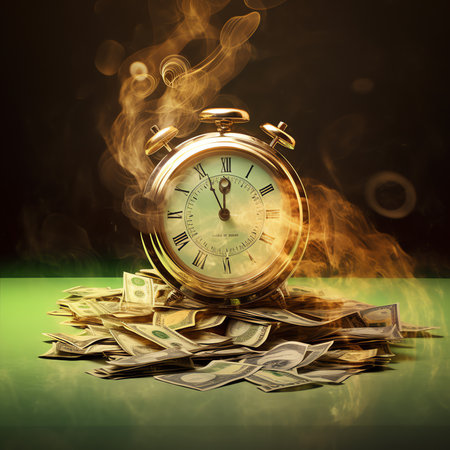 Generative AI : Deadline and time is money concept with hourglass and British coin currencyの素材