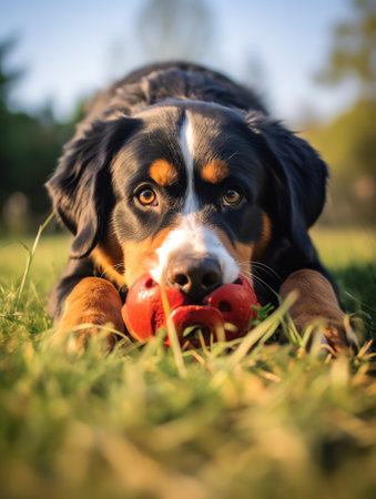 Generative AI : Cute dog playing with toy bone at sunny summer dayの素材