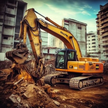 Generative AI : Demolition of building Excavator breaks old house Freeing up space for construction of new buildingの素材