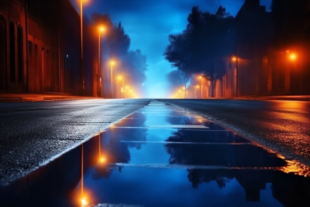 Generative AI : Dark street reflection of neon light on wet asphalt Rays of light and red laser light in the dark Night view of the street the city Abstract dark blue backgroundの素材