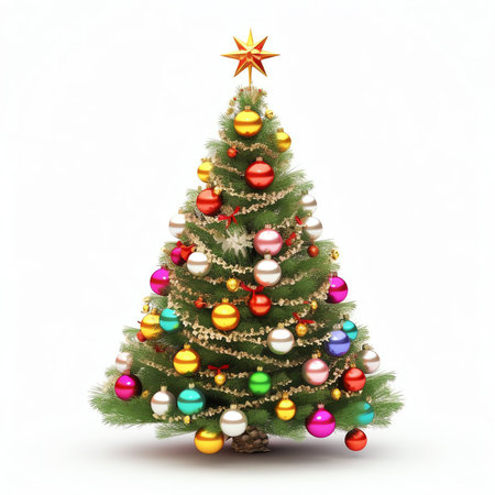 Generative AI : Decorated Christmas Tree isolated on white backgroundの素材