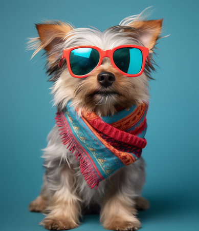Generative AI : Cute dog wearing denim vest and sunglassesの素材