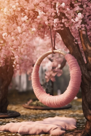 Generative AI : Decorated Easter treeSpring religious holiday Childs hangs yellow decorative eggs on blooming pink branchesEaster decorations in the garden Easter tradition Christiの素材