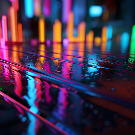 Generative AI : Dark street reflection of neon light on wet asphalt Rays of light and red laser light in the dark Night view of the street the city Abstract dark blue backgroundの素材