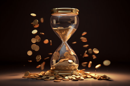 Generative AI : Deadline and time is money concept with hourglass and British coin currencyの素材