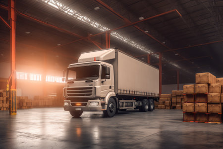 Generative AI : Delivering or Supply concept image Trucks loading at facilityの素材