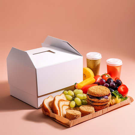 Generative AI : Delicious healthy sandwich in a lunch box cookies and cherries Take lunch with you to school or the office Juice in a bottle and an appleの素材