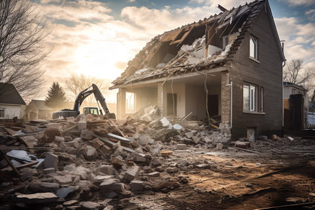 Generative AI : Demolition of building Excavator breaks old house Freeing up space for construction of new buildingの素材
