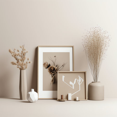 Generative AI : Design scandinavian interior of living room with wooden console rings on the wall mock up poster frame flowers in vase and elegant personal accessories Modern homeの素材