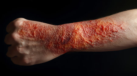 Generative AI : Dermatology asian young woman girl allergy allergic reaction from atopic insect bites on her arm hand in scratching itchy itch red spot or rash of skin Healthcare tの素材