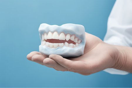 Generative AI : Dentist hand with healthy white tooth model and dentist mirror on a blue background Copy space Teeth care dental treatment tooth extraction implant concept Dental cの素材