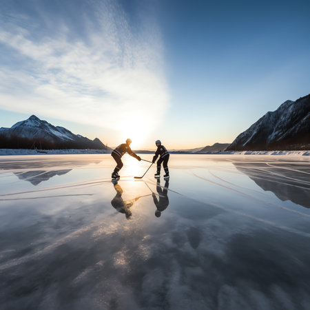 Generative AI : Details close up hockey puck on a frozen pond Ice skating in nature at sunset in winter Travel and sportsの素材