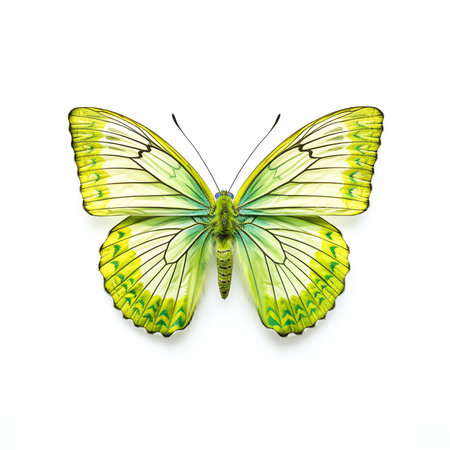 Generative AI : Detailed closeup on the green Blotched emerald geometer moth Comibaena bajularia with spread wingsの素材