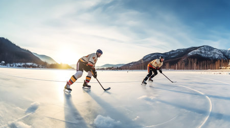 Generative AI : Details close up hockey puck on a frozen pond Ice skating in nature at sunset in winter Travel and sportsの素材