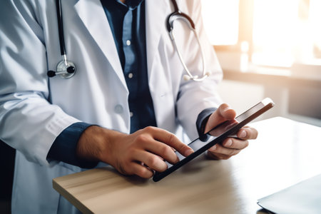 Generative AI : Doctor in medical office reviewing the data on his tablet with a patient in the background Physician with sick person analyzing data of medical report in digital taの素材
