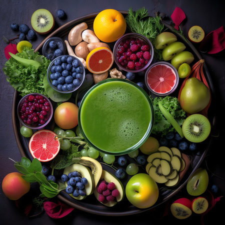 Generative AI : Diet and nutrition Fresh fruits vegetables and juiceの素材