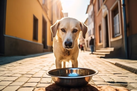 Generative AI : Dog drinking water from plastic bottle Pet owner takes care of his labrador retriever during hot sunny dayの素材
