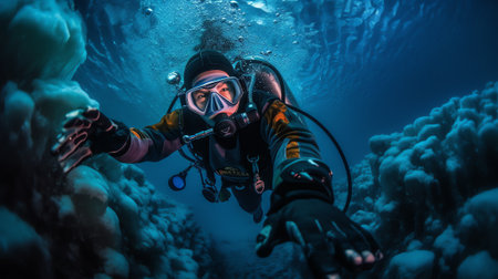Generative AI : Diving underwater in winter View in lake under ice Marine life under water in clear lake water Observation of animal world Scuba diving adventure on lake Baikal Rusの素材