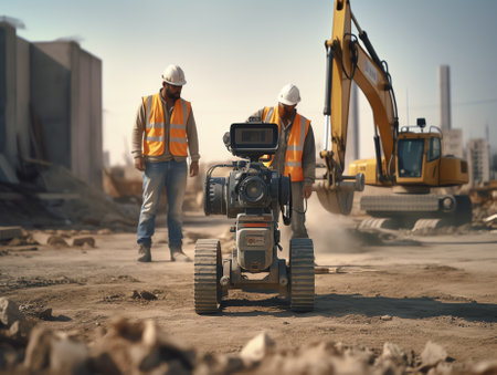 Generative AI : Double exposure man survey and civil engineer stand on ground working in a land building site over Blurred construction worker on construction site examination inspの素材