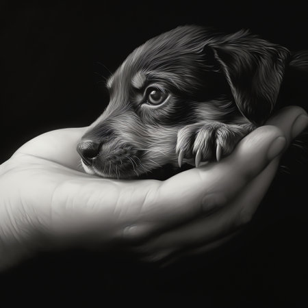 Generative AI : Dog paws with a spot in the form of heart and human hand close up top view Conceptual image of friendship trust love the help between the person and a dogの素材