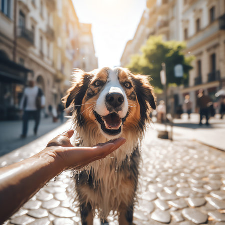 Generative AI : Dog drinking water from plastic bottle Pet owner takes care of his labrador retriever during hot sunny dayの素材