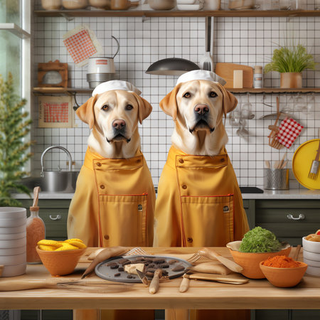 Generative AI : Dog in a chefs hat and with a spatula in his mouth on a pink background Golden Retriever in chef costume for restaurant cafe or bannerの素材