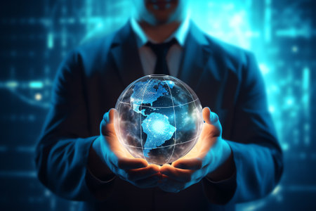 Generative AI : Doctor with virtual globe healthcare network connection conceptScience and medical innovation technology future sustainable smart services and solutions in global rの素材
