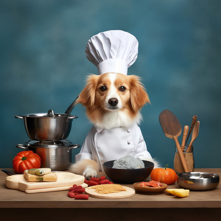 Generative AI : Dog in a chefs hat and with a spatula in his mouth on a pink background Golden Retriever in chef costume for restaurant cafe or bannerの素材