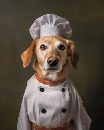Generative AI : Dog in a chefs hat and with a spatula in his mouth on a pink background Golden Retriever in chef costume for restaurant cafe or bannerの素材