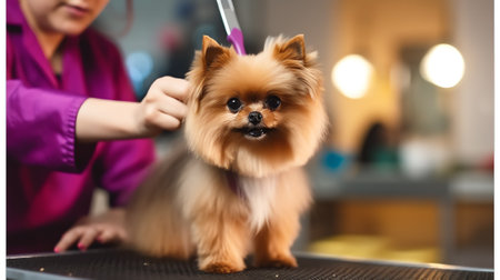 Generative AI : Dog gets hair cut at Pet Spa Grooming Salon Closeup of Dog the dog has a haircut comb the hair pink background groomer conceptの素材