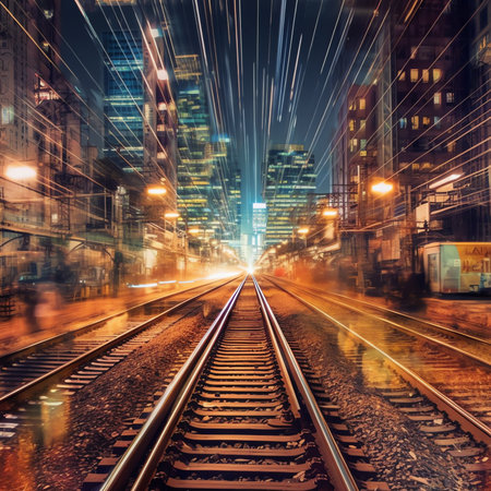 Generative AI : Double exposure train track with blurred light city office building night view abstract backgroundの素材