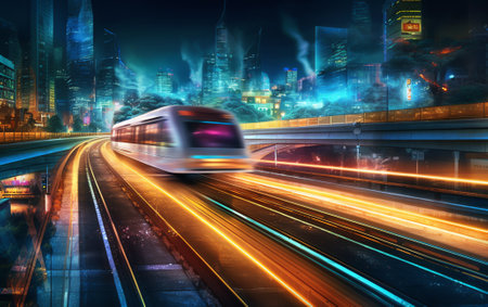 Generative AI : Double exposure train track with blurred light city office building night view abstract backgroundの素材