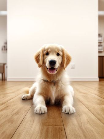 Generative AI : Domestic Animal Closeup portrait of cute dog lying on the gray floor carpet indoors in living room at home happy golden retriever resting near couch modern house inの素材